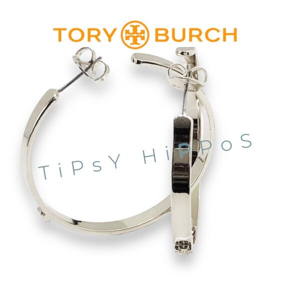 Tory Burch Silver Hoop Earrings With Logo Studs - Shine Bright Like A Tory - Picture 2 of 5